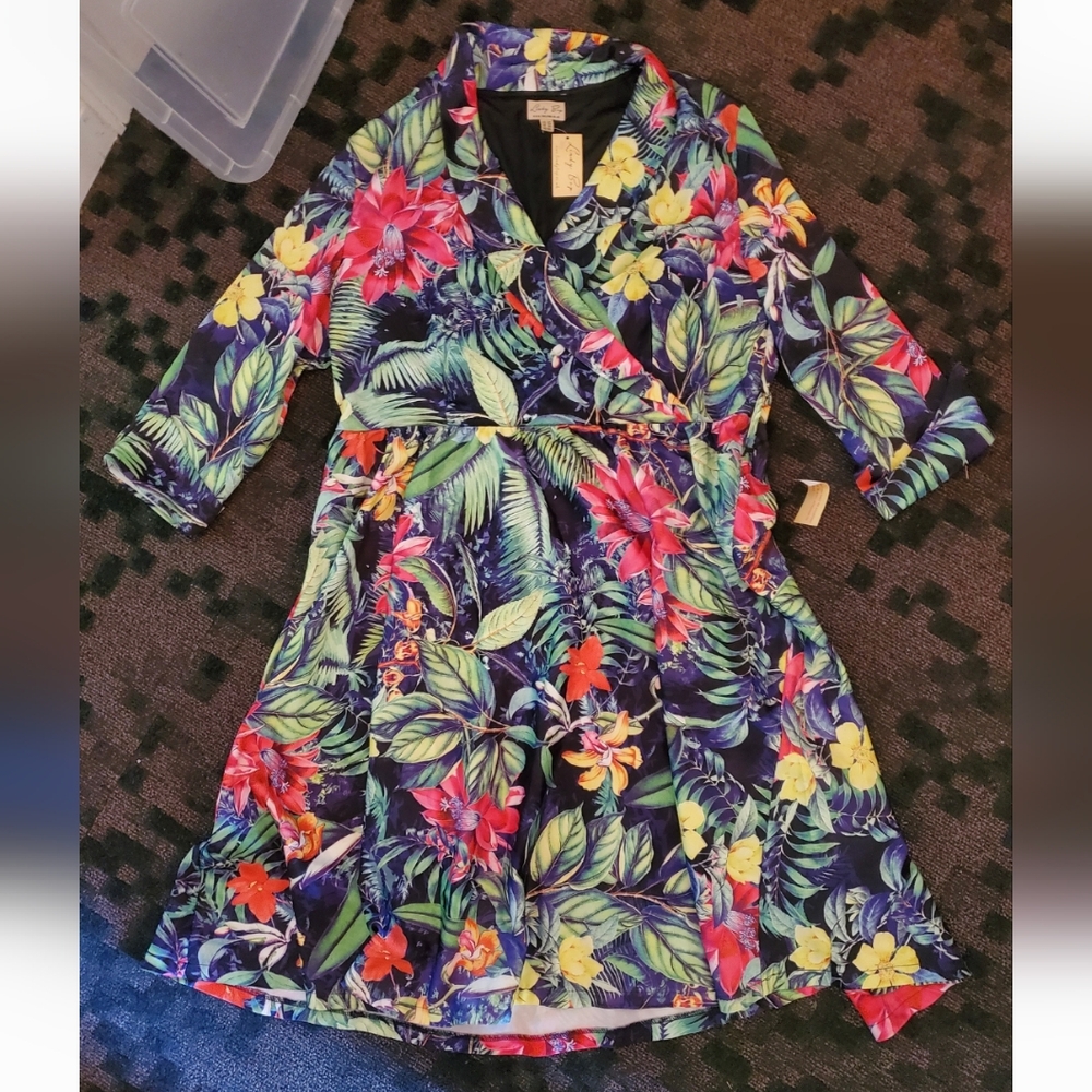 Lindy Bop Jungle Tropical Floral Leaves Wrap Circle Skirt Dress 3X/4X/5X